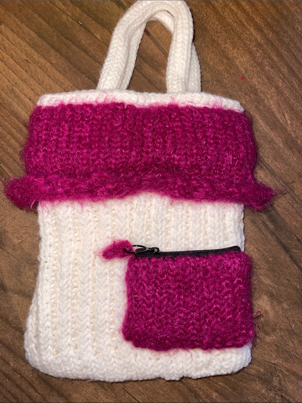 Cream and Fuchsia Knit Satchel Tote Bag